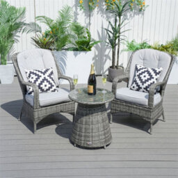 Abrihome 3-Piece Outdoor Rattan Bistro Set - 2 Curved-Arm Chairs,  Aluminium Table With 5mm Tempered Glass, Grey