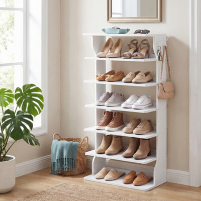 Ledrem 7-Tier Vertical Shoe Rack, Narrow Storage Organiser With Hooks, Slim Corner Shoe Tower For Entryway, Bedroom, Cloud White - image 1
