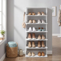 Ledrem 7-Tier Vertical Shoe Rack, Narrow Storage Organiser With Hooks, Slim Corner Shoe Tower For Entryway, Bedroom, Cloud White - thumbnail 5