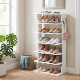 Ledrem 7-Tier Vertical Shoe Rack, Narrow Storage Organiser With Hooks, Slim Corner Shoe Tower For Entryway, Bedroom, Cloud White - thumbnail 1
