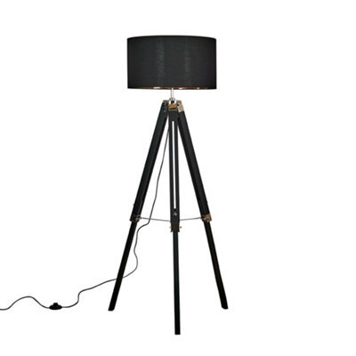 Valuelights Clipper Black Wood And Silver Chrome Tripod Floor Lamp With Black Gold Drum Shade - image 1