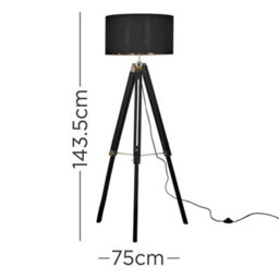 Valuelights Clipper Black Wood And Silver Chrome Tripod Floor Lamp With Black Gold Drum Shade - thumbnail 4