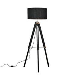 Valuelights Clipper Black Wood And Silver Chrome Tripod Floor Lamp With Black Gold Drum Shade