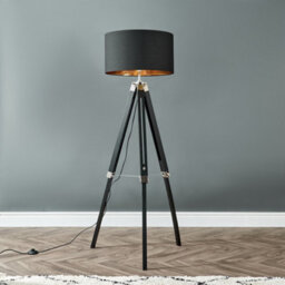 Valuelights Clipper Black Wood And Silver Chrome Tripod Floor Lamp With Black Gold Drum Shade - thumbnail 2