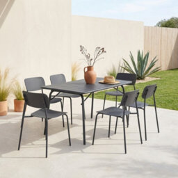 Sweeek - Folding Metal Garden Table 140 Cm + 6 Chairs, Anthracite - Amelia + Liva - thumbnail 1