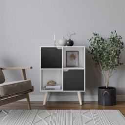Urbn-Living Urbnliving 80Cm Height White 4 Cube With Black 2 Wooden Door Bookcase With Pine Legs Shelves