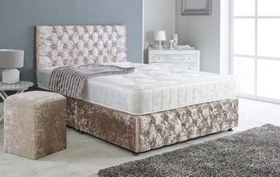 Adore Designs Adore Living Chesterfield Crushed Velvet Divan Bed With Orthopaedic Mattress And Square Stool In Champagne