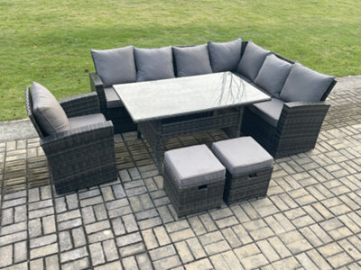 Fimous 9 Seater Garden Rattan Furniture Corner Sofa Dining Table Set With 2 Small Footstools Armchair Indoor Outdoor - image 1