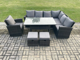 Fimous 9 Seater Garden Rattan Furniture Corner Sofa Dining Table Set With 2 Small Footstools Armchair Indoor Outdoor - thumbnail 2