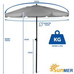 Sunmer 2M Parasol With Tilt, Uv Light Protection, Easy To Open And Close, Water Resistant - Grey - thumbnail 7