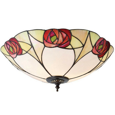 Tiffany Glass Flush Ceiling Light - Mackintosh Style Rose - Dark Bronze Finish - image 1