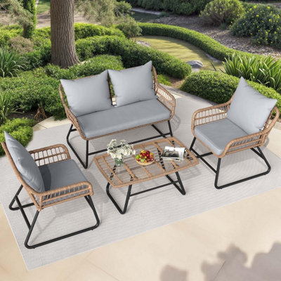 London Boutique 4 Piece Rattan Garden Furniture Set, Outdoor Sofa And Chairs With Cushions, Glass Table For Patio, Balcony, Grey - image 1