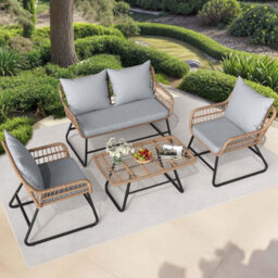 London Boutique 4 Piece Rattan Garden Furniture Set, Outdoor Sofa And Chairs With Cushions, Glass Table For Patio, Balcony, Grey - thumbnail 1