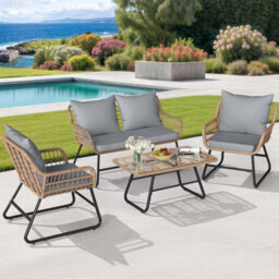 London Boutique 4 Piece Rattan Garden Furniture Set, Outdoor Sofa And Chairs With Cushions, Glass Table For Patio, Balcony, Grey - thumbnail 2