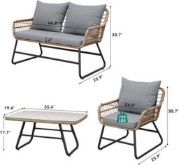 London Boutique 4 Piece Rattan Garden Furniture Set, Outdoor Sofa And Chairs With Cushions, Glass Table For Patio, Balcony, Grey - thumbnail 3