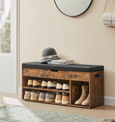 LEDREM Storage Bench With Cushion, Shoe Bench With Padded Seat, Entryway Bench With 3 Compartments, Hidden Storage, Shelves, Brown