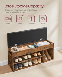 LEDREM Storage Bench With Cushion, Shoe Bench With Padded Seat, Entryway Bench With 3 Compartments, Hidden Storage, Shelves, Brown - thumbnail 5