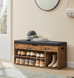 LEDREM Storage Bench With Cushion, Shoe Bench With Padded Seat, Entryway Bench With 3 Compartments, Hidden Storage, Shelves, Brown - thumbnail 1