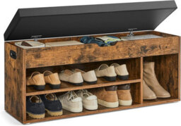 LEDREM Storage Bench With Cushion, Shoe Bench With Padded Seat, Entryway Bench With 3 Compartments, Hidden Storage, Shelves, Brown - thumbnail 7