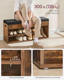 LEDREM Storage Bench With Cushion, Shoe Bench With Padded Seat, Entryway Bench With 3 Compartments, Hidden Storage, Shelves, Brown - thumbnail 6