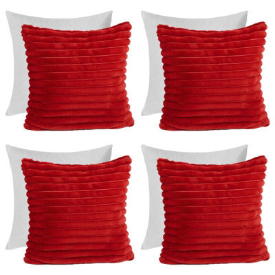 OHS 4 X Faux Fur Thick Rib Filled Cushion Covers, 45 X 45Cm - Red - image 1