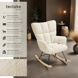 Tectake 1 Rocking Chair Torve With Plush Padding, Quilted Pattern And Wooden Runners  - Beige Bouclé - thumbnail 2