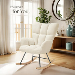 Tectake 1 Rocking Chair Torve With Plush Padding, Quilted Pattern And Wooden Runners  - Beige Bouclé - thumbnail 8