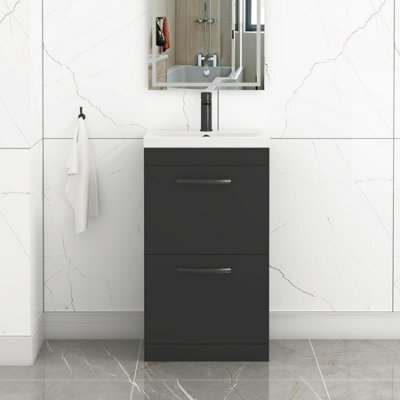 Royal Bathrooms Turin 500mm Floor Standing Vanity Unit Matt Black 2 Drawer Mid-Edge Basin With Matt Black Handles - image 1