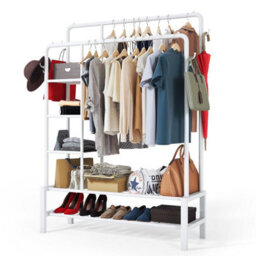 Klass Home Collection Heavy Duty Clothes Rail, 120 Kg White Metal Rack With Double Hanging Clothing Shoe Storage Shelves & 4 Coat