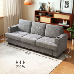 Homcom 3 Seater Sofa, Fabric Sofa With Usb Ports And Cup Holders, Grey - thumbnail 3