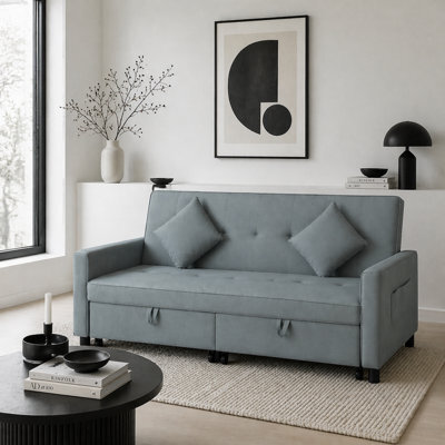 Wyld Haus Senosa Grey Velvet-Feel 3-Seater Convertible Sofa Bed With Tufting - Queen Bed Size - image 1