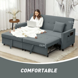 Wyld Haus Senosa Grey Velvet-Feel 3-Seater Convertible Sofa Bed With Tufting - Queen Bed Size - thumbnail 7