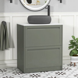 Royal Bathrooms Royal Bathroom Elmore 700mm Matt Green Freestanding Bathroom Vanity Unit 2 Drawer Plain White Worktop With Milan Black Basin - thumbnail 1