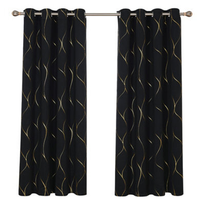 Deconovo Eyelet Blackout Curtains, Gold Wave Foil Printed Curtains, Thermal Insulated Curtains, W52 X L72 Inch, Black, 1 Pair - image 1