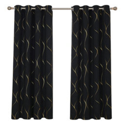Deconovo Eyelet Blackout Curtains, Gold Wave Foil Printed Curtains, Thermal Insulated Curtains, W52 X L72 Inch, Black, 1 Pair - thumbnail 1