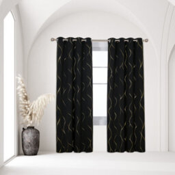 Deconovo Eyelet Blackout Curtains, Gold Wave Foil Printed Curtains, Thermal Insulated Curtains, W52 X L72 Inch, Black, 1 Pair - thumbnail 3