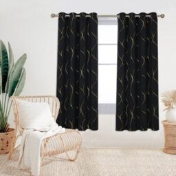 Deconovo Eyelet Blackout Curtains, Gold Wave Foil Printed Curtains, Thermal Insulated Curtains, W52 X L72 Inch, Black, 1 Pair - thumbnail 2