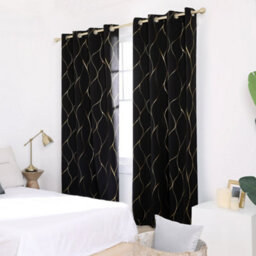 Deconovo Eyelet Blackout Curtains, Gold Wave Foil Printed Curtains, Thermal Insulated Curtains, W52 X L72 Inch, Black, 1 Pair - thumbnail 4