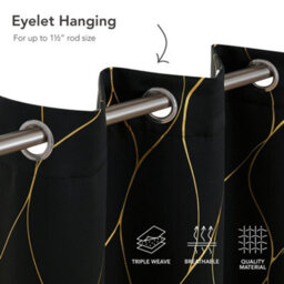 Deconovo Eyelet Blackout Curtains, Gold Wave Foil Printed Curtains, Thermal Insulated Curtains, W52 X L72 Inch, Black, 1 Pair - thumbnail 6