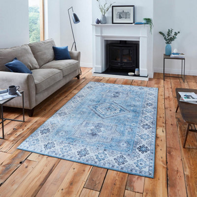 Light Blue Traditional Bordered Geometric Rug For Bedroom & Living Room-60 X 225Cm (Runner) - image 1