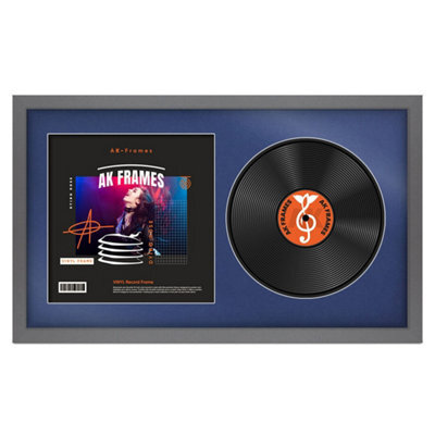 "30X17"" Dark Grey Modern Vinyl Record Frame With Blue Mount For 12 Inch Lp Album Cover & Disc - Ak Frames" - image 1