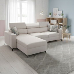 Baltico Mini Compact Corner Sofa Adjustable Headrests Pull Out Guest Bed Contemporary L Shaped Fabric Couch White Left - thumbnail 2