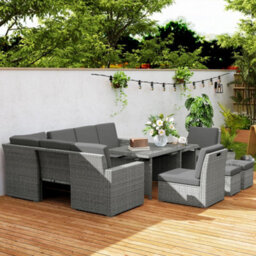 Outsunny 10-Seater Sofa Sectional W/ Cushioned Seat, Footstools And Glass Table - thumbnail 9
