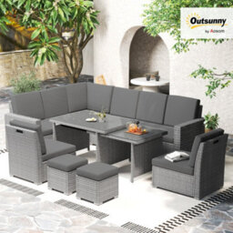 Outsunny 10-Seater Sofa Sectional W/ Cushioned Seat, Footstools And Glass Table - thumbnail 1