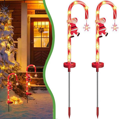 2Pcs Solar Xmas Candy Cane Lights, Waterproof, Solar Powered Auto Sensor With Santa For Garden,lawn