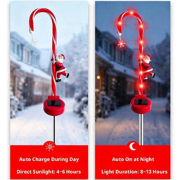 2Pcs Solar Xmas Candy Cane Lights, Waterproof, Solar Powered Auto Sensor With Santa For Garden,lawn - thumbnail 6
