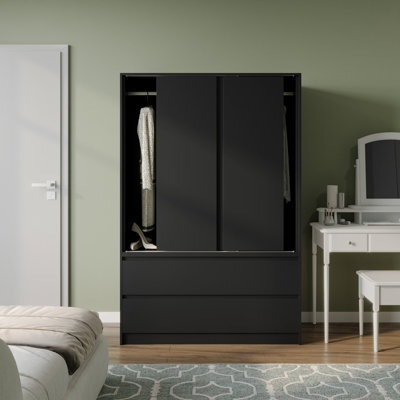 Urbn-Living Urbnliving 180Cm Height Black Carcass 3 Sliding Black Door With 4 Black Drawer Wardrobe Clothes Storage Hanging Rail Bedroom - image 1