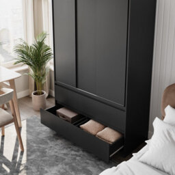 Urbn-Living Urbnliving 180Cm Height Black Carcass 3 Sliding Black Door With 4 Black Drawer Wardrobe Clothes Storage Hanging Rail Bedroom - thumbnail 4