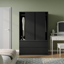 Urbn-Living Urbnliving 180Cm Height Black Carcass 3 Sliding Black Door With 4 Black Drawer Wardrobe Clothes Storage Hanging Rail Bedroom - thumbnail 3
