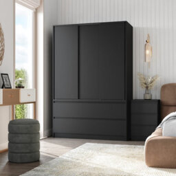 Urbn-Living Urbnliving 180Cm Height Black Carcass 3 Sliding Black Door With 4 Black Drawer Wardrobe Clothes Storage Hanging Rail Bedroom - thumbnail 2